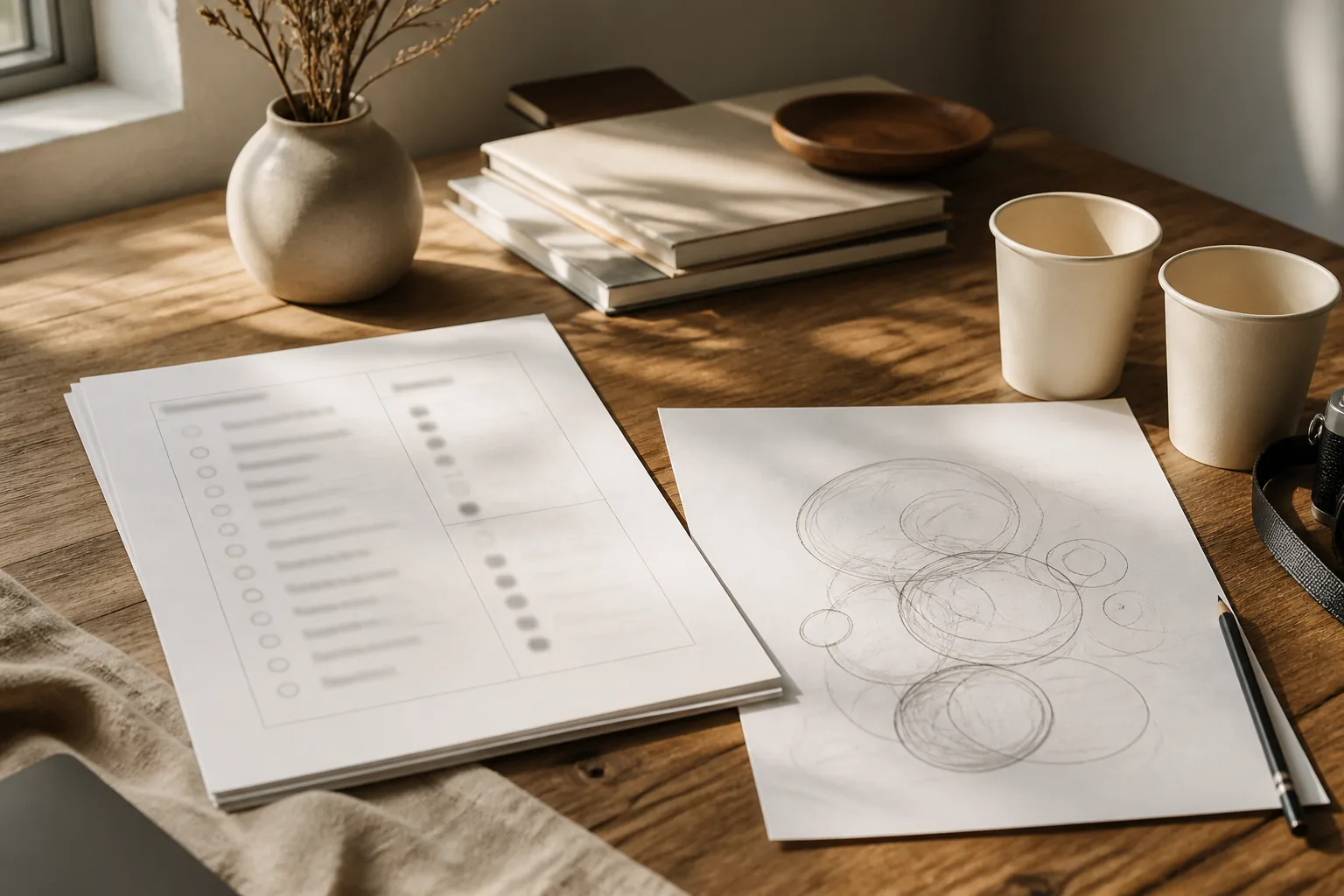 Wooden desk with printed cafe-stop checklist, circled waiting marks on a rough floor sketch, two paper cups and a camera strap at the edge, cool daylight from a side window, 1600x1067