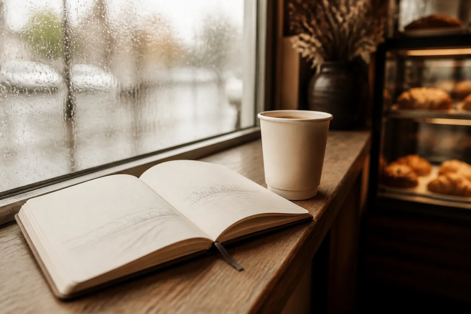 Open field notebook on a narrow cafe ledge beside a paper cup, pencil marks listing counter steps, soft morning light through a rain-dotted window, blurred pastry case in the background, 1920x1080