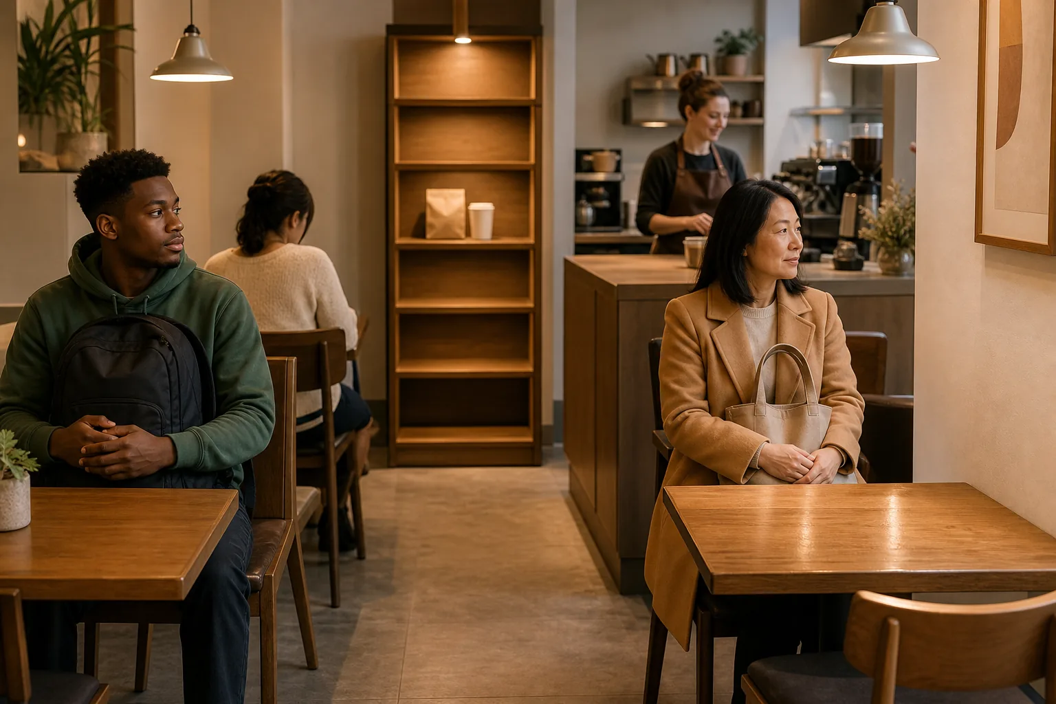 Compact cafe room with guests holding bags on laps, clear aisle to the pickup shelf, one empty two-top freshly wiped, warm pendant light over wood tables, 1600x1067