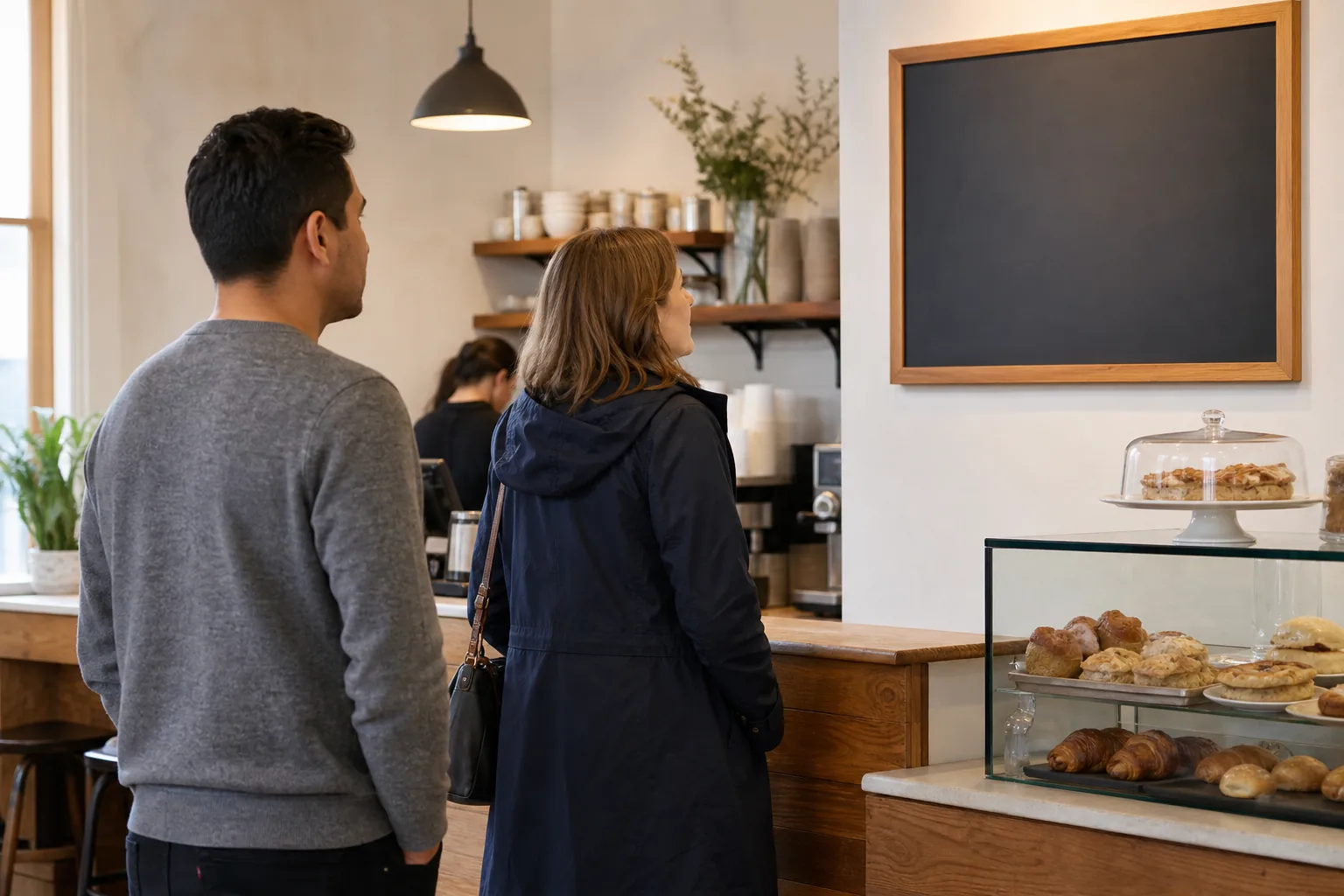 Cafe guests standing in a clear queue facing a chalkboard menu, one person studying the board while another waits one step back from the till, wood counter and pastry case in soft morning light, 1200x800