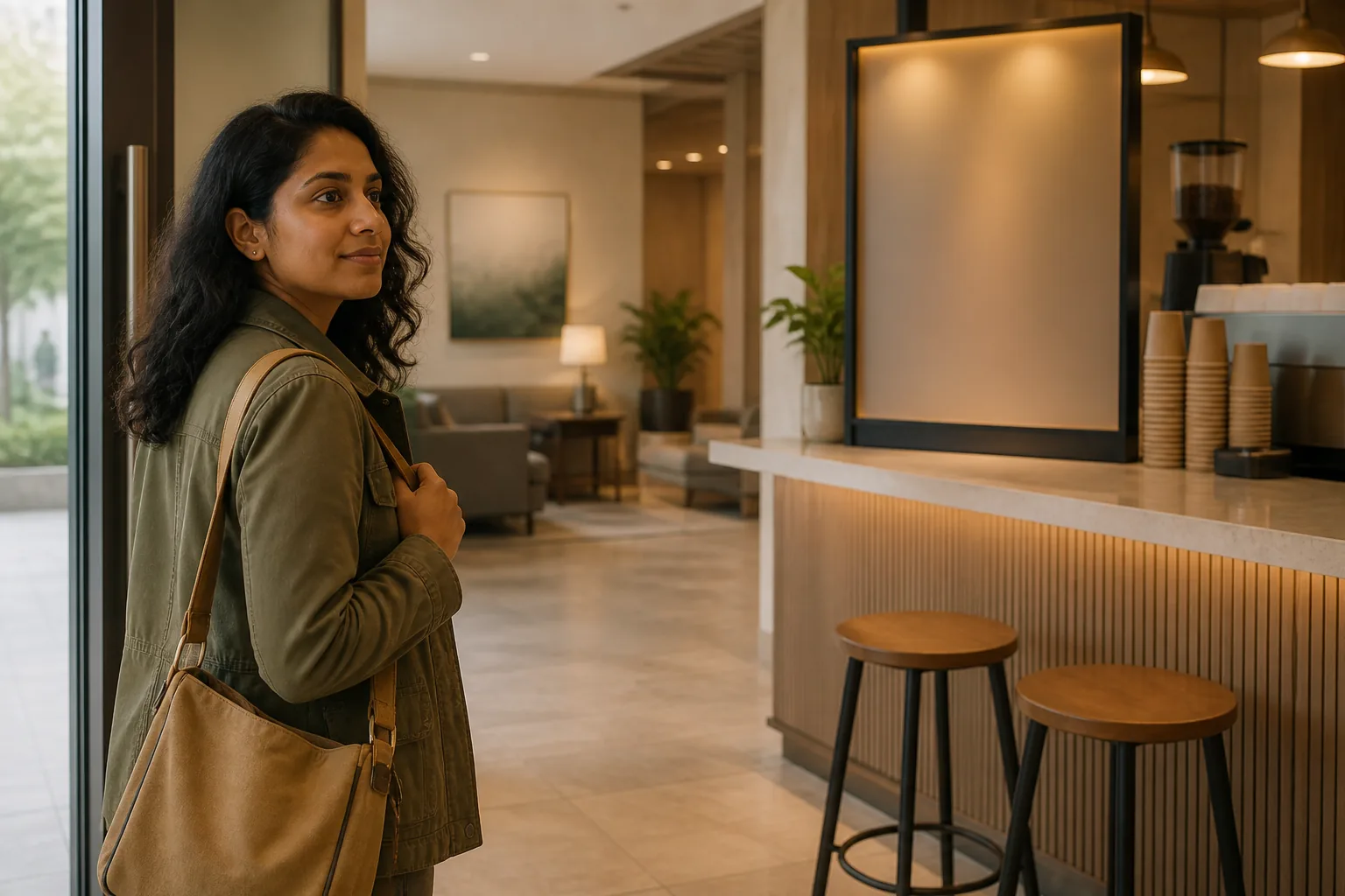 Quiet lodging lobby cafe with a short counter, two empty stools, paper cups stacked beside a small menu board, traveler with a shoulder bag pausing at the entrance, soft indoor light, 1200x800