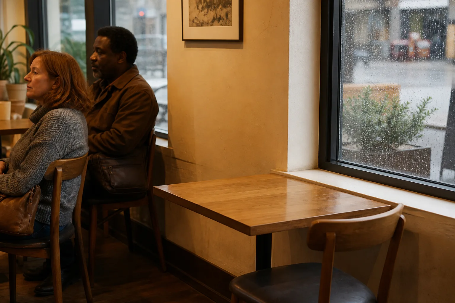 Recently vacated cafe two-top with a wiped surface, chair pulled in, neighboring guests still seated with bags on their laps, rain visible on the window glass, 1200x800