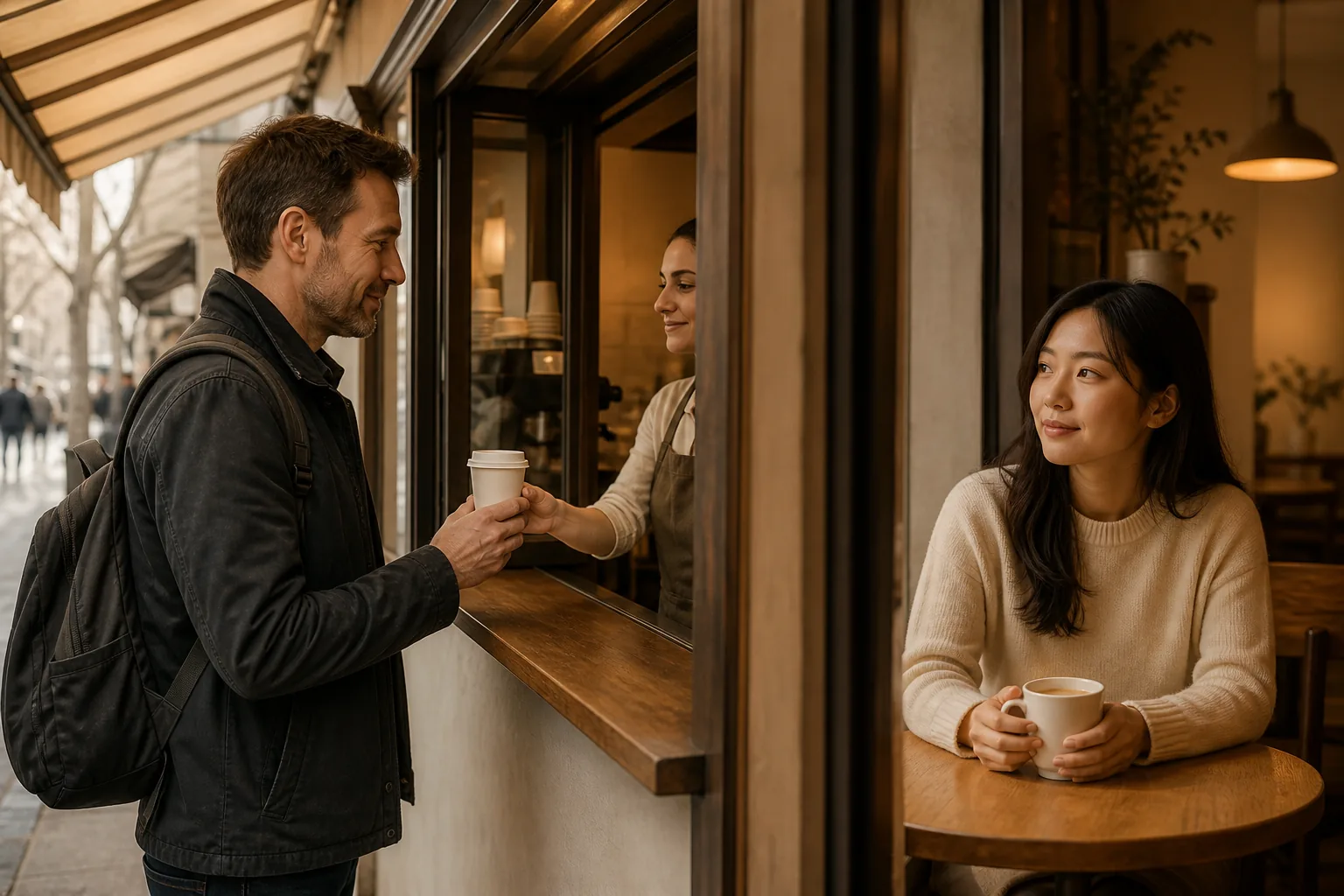 Split view of a takeaway window handing a lidded cup to a traveler and a small indoor table with a ceramic cup, both under the same street awning light, 1200x800