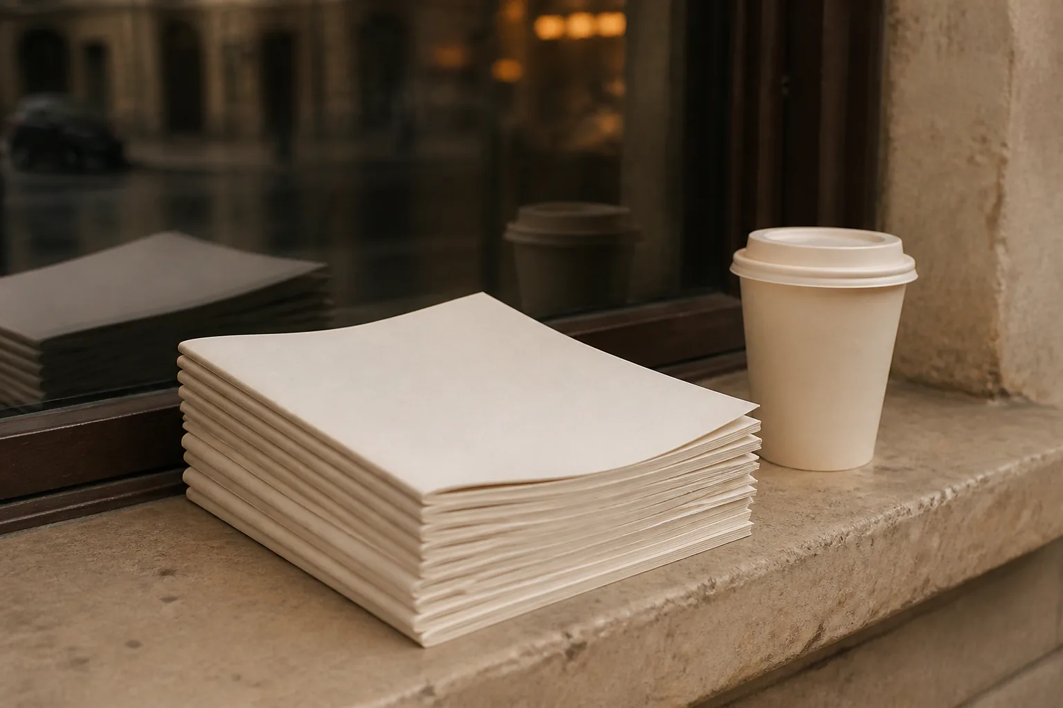 Stack of printed cafe-stop briefs on a stone windowsill, paper cup with a lid beside them, street reflection in the glass, soft overcast light across the pages, 1920x1080