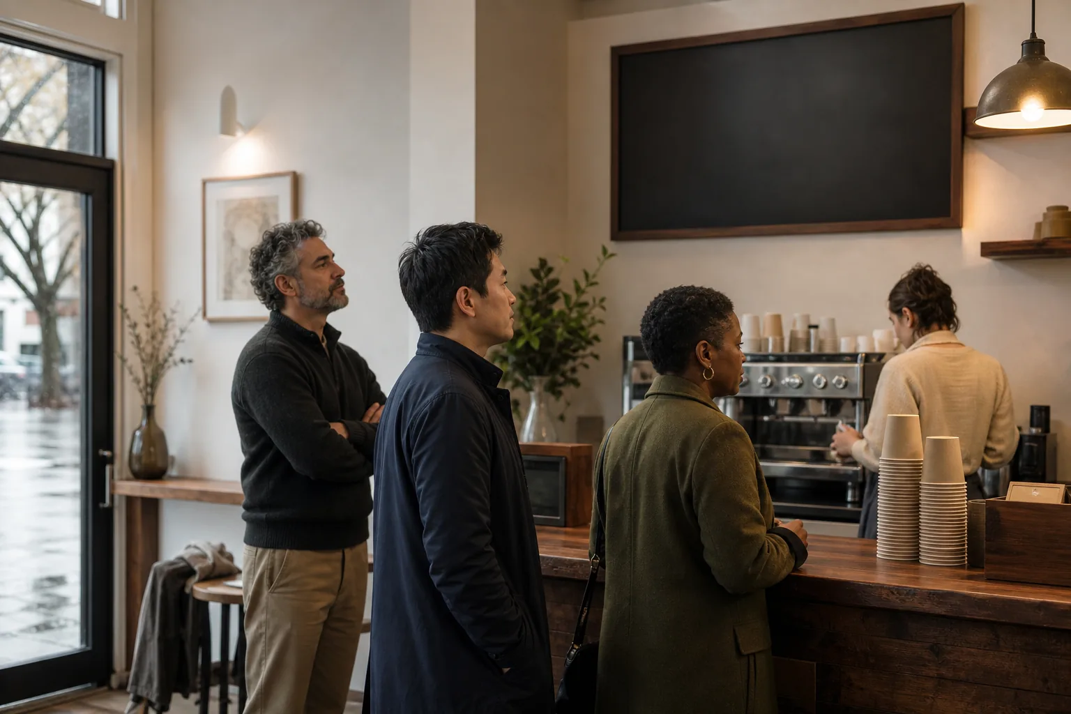 Early morning cafe interior with a short line at a wood counter, chalkboard menu above the espresso machine, paper cups stacked beside the till, warm pendant light on the pickup shelf, wet pavement visible through the glass door, 1920x1080