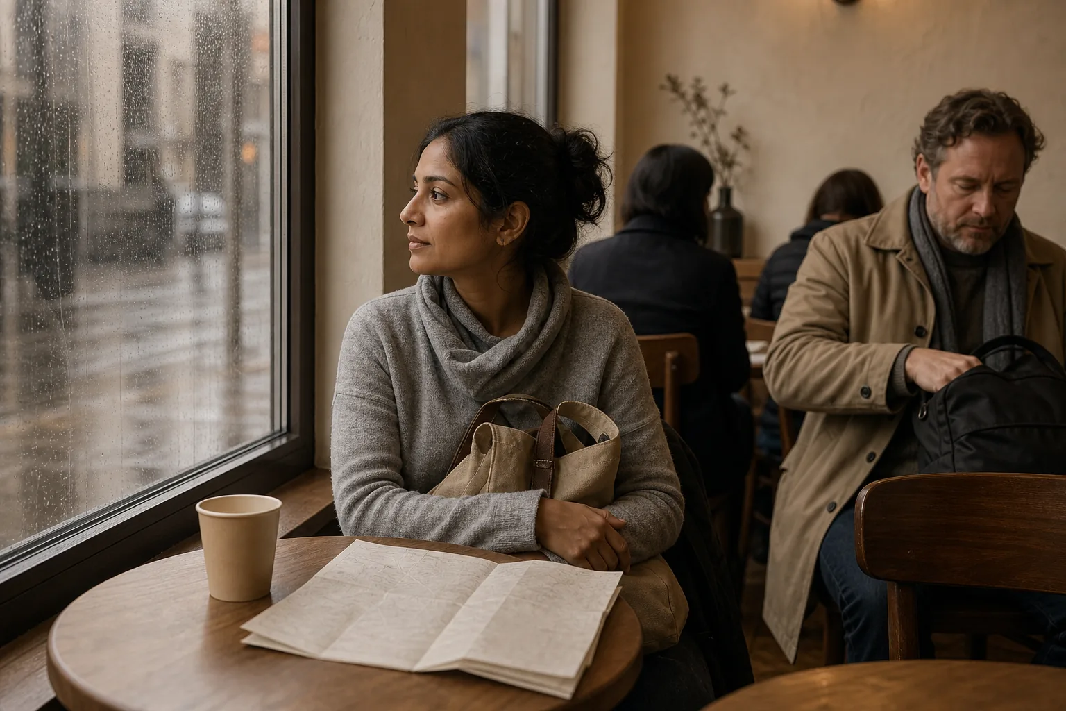 Small cafe table by a rain-streaked window with a paper cup, folded map, and canvas bag held on a lap rather than an empty chair, neighboring seats occupied, muted daylight on wood and ceramic, 1600x1067