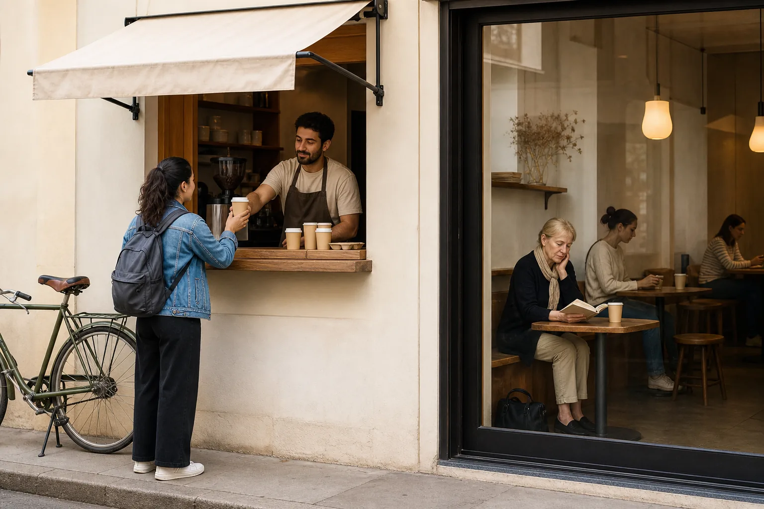 Side-by-side cafe formats at street level, a takeaway hatch with a short line under an awning and a small indoor room with three window tables, paper cups on a pickup ledge, bicycle parked at the curb in cool daylight, 1600x1067